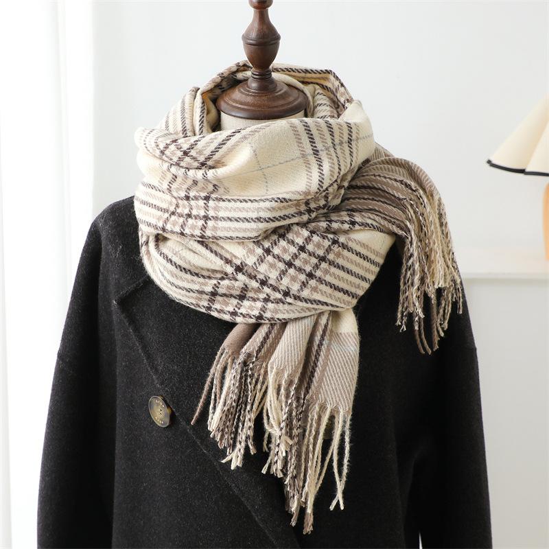 Plaid Imitation Cashmere Scarf Korean Version Simple And Versatile Warm Scarf Women'S Thickened Fringed Shawl