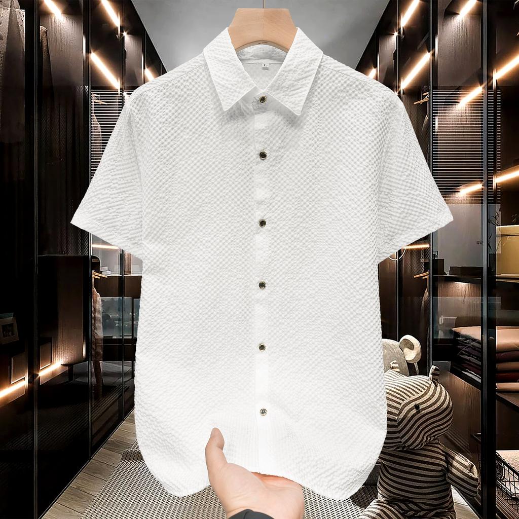 Summer Men's Shirt Short Sleeve Bubble Yarn Concave and Convex Texture Fabric Thin Quick Drying Flip Collar Short Sleeve Shirt