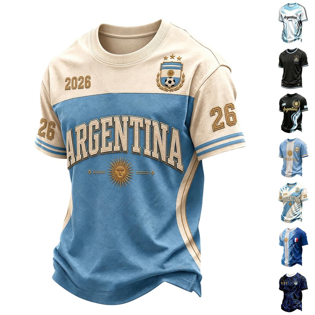 Argentina Men's Casual Printed Neck Short Sleeve T-Shirt Lightweight Breathable Summer Top