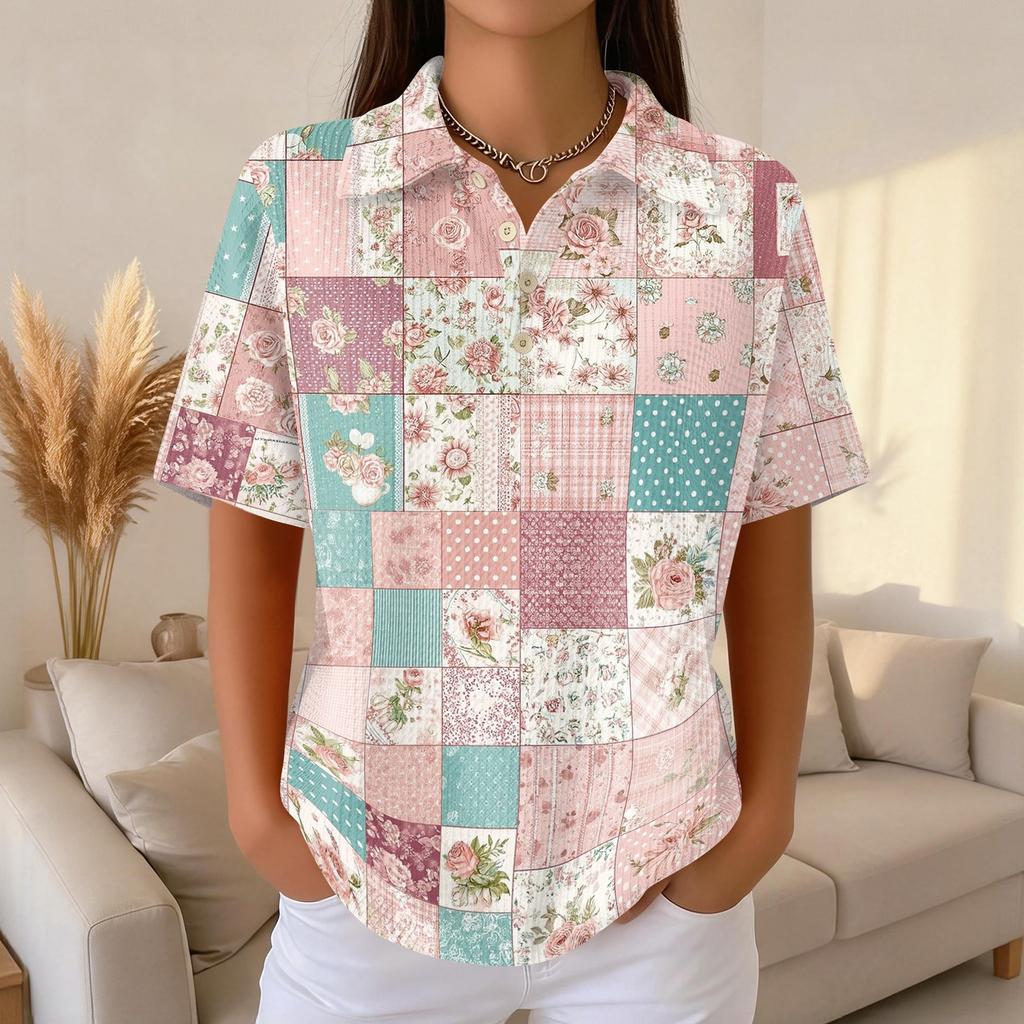 Women Fashion Casual Short Sleeve Waffle Knit Polo Collar Top with Patchwork Floral Print Loose Fit Button Down Shirt