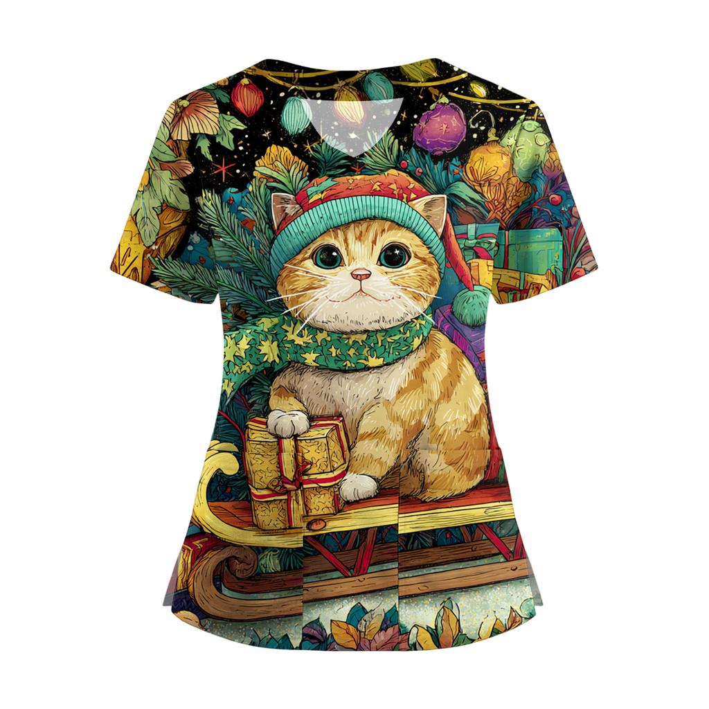 Damski T-shirt z krótkim rękawem z nadrukiem świątecznym, dekoltem w serek, zapinany na guziki z rozcięciem z boku