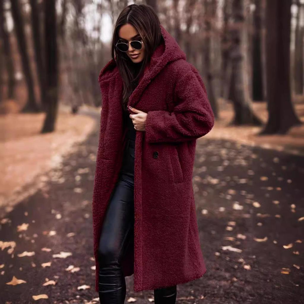 Damen Herbst- und Wintermode Wollmantel Einfarbig Locker Langärmlig Lässig Woll-Kapuzenmantel mit Einzelknopfleiste
