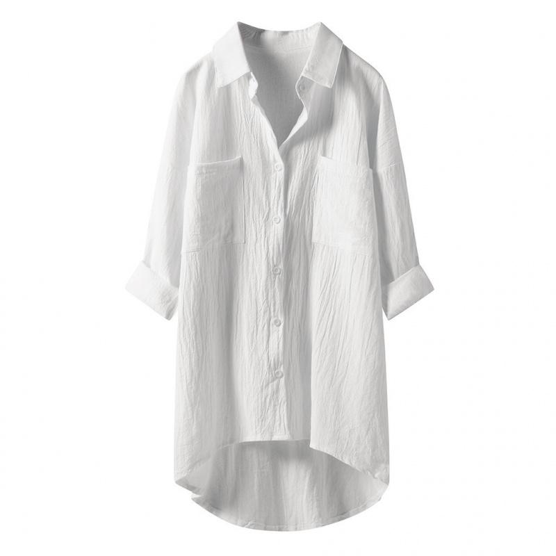2026 Lente en Herfst Nieuw Dames Casual Stijl Effen Kleur Shirt Katoen Linnen Vest met Dubbele Zakken Lange Mouw Top