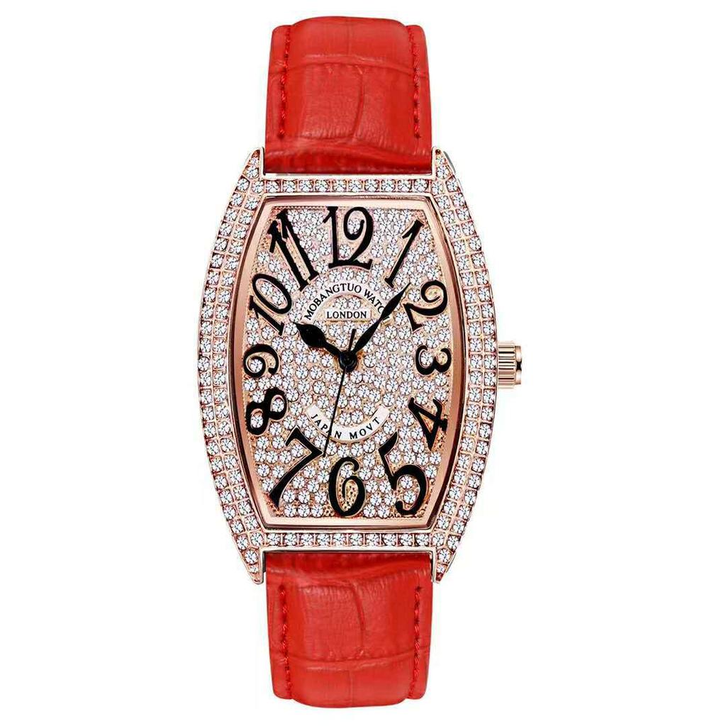 Voll Diamant Digitales Zifferblatt Mode Damen Armbanduhr Weinfass Lederarmband Studenten Trend Uhr