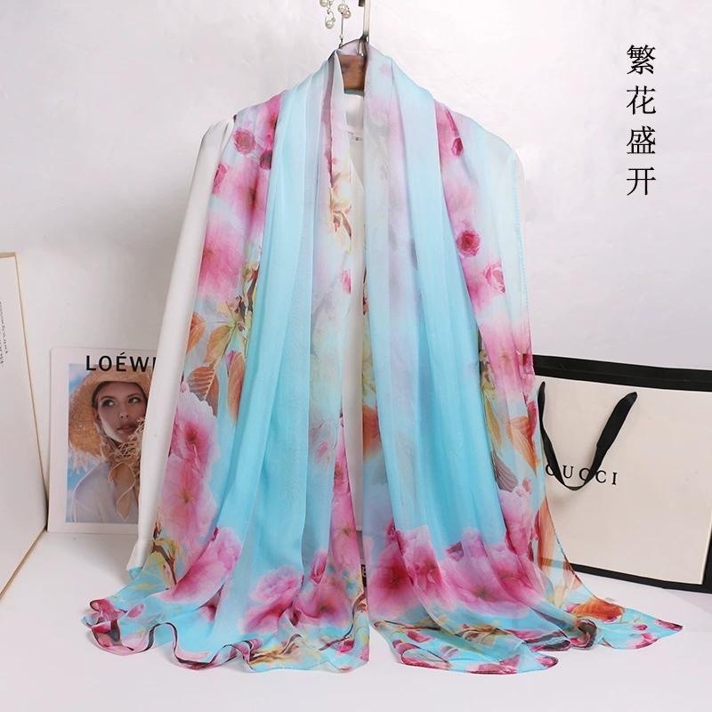 Spring Summer 100% Silk Scarf Shawl Hijab Wrap Women Long Thin Flower Beach Scarves 180*110cm