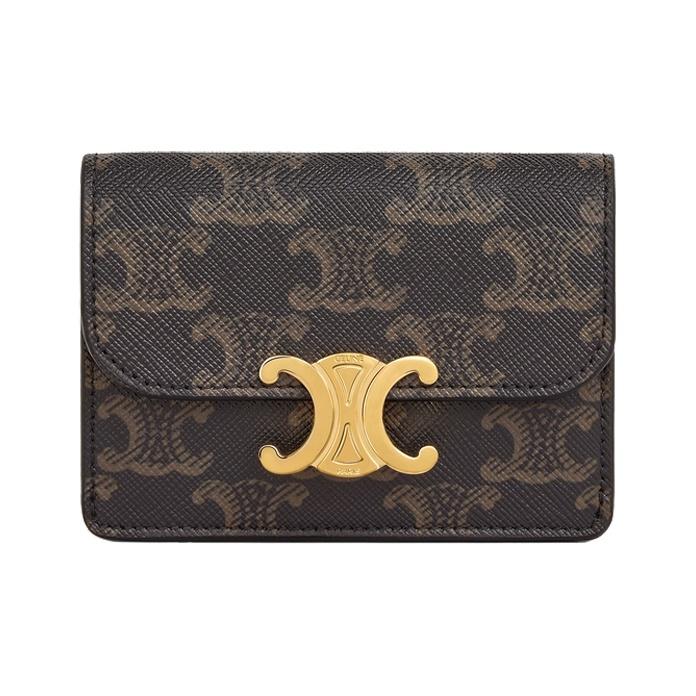 CELINE Triomphe Vintage Classic All-Over Print Metallic-Finish Lock Clasp Tri-Fold Canvas Wallet Small Women's Tan