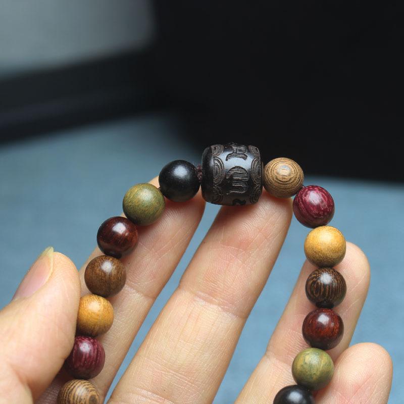 8mm Multi-Color Sandalwood Bead Bracelet Black Ebony Six-Word Motto Barrel Beads Buddhist Prayer Beads