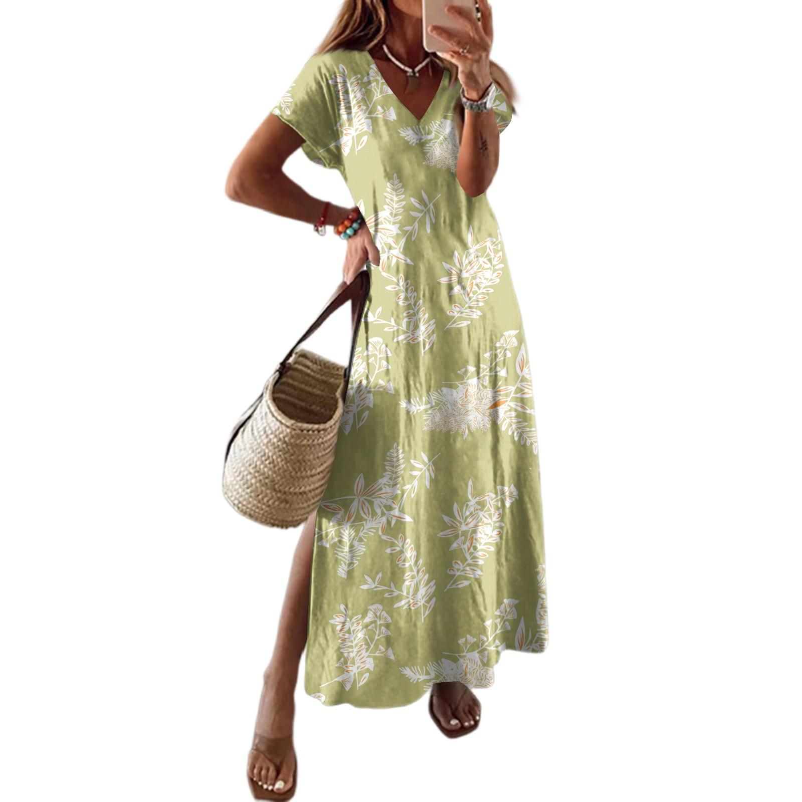 

Жіноча літня квіткова сукня з коротким рукавом, пляжна сукня з кишенями, повсякденна довга футболка з V-подібним вирізом і розрізом для подорожей, відпустка S жовтий