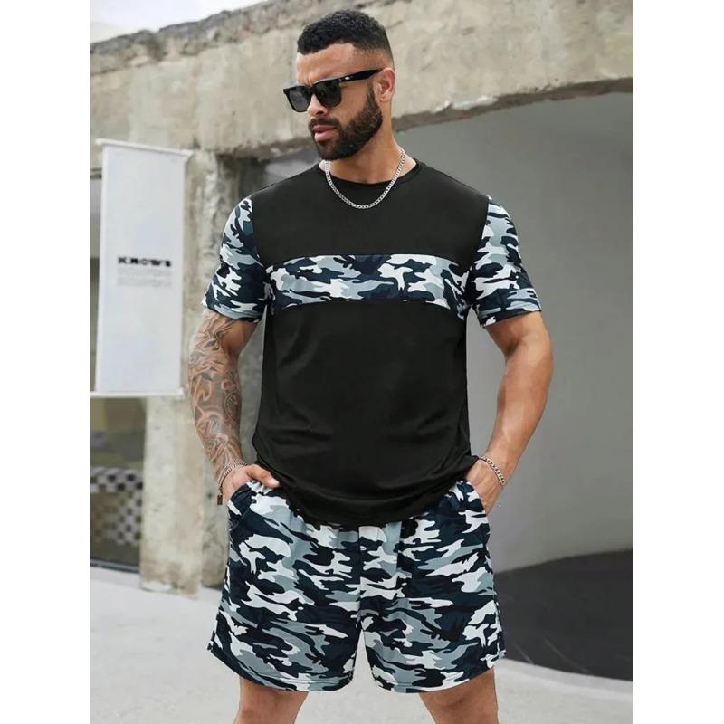 Pantaloni scurți sport cu mânecă scurtă pentru bărbați, set casual din două piese, jurnal de stradă, Harajuku, imprimeu digital lejer, vară,