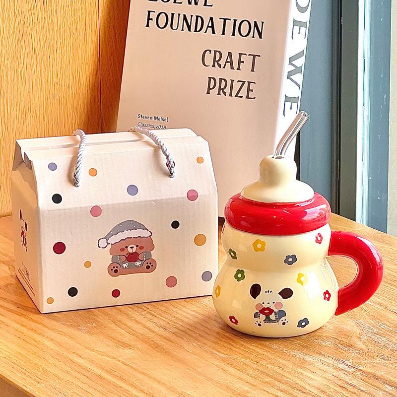 Straw water cup cute girl high-value ceramic mug household drinking cup birthday gift