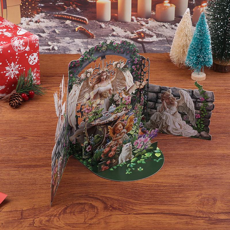 1 Set Retro Oil Painting Christmas Angel Greeting Card - Double - Door 3D Design With Exquisite Big Wings For Xmas