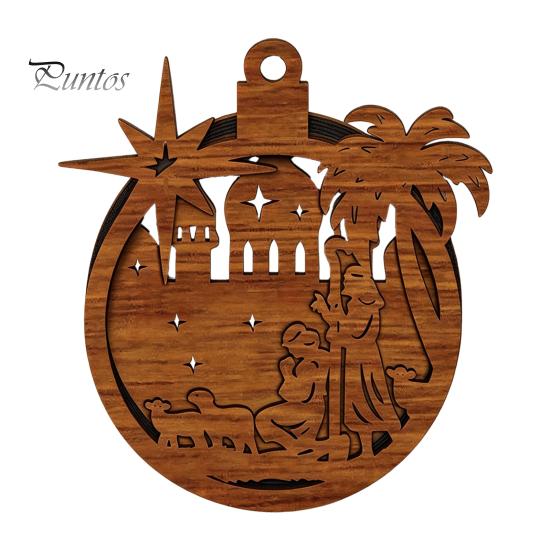 Warm Light Christmas Tree Ornaments 3D Wooden Up Ornament, Layered House Snowman Rustic Holiday Decorations Nativity Scene Hanging Decoration for Xmas