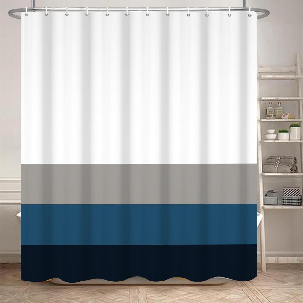 Striped Fabric Bathroom Shower Curtain-Modern Simple Polyester Waterproof Blue Grey Abstract Line Pattern With Hook