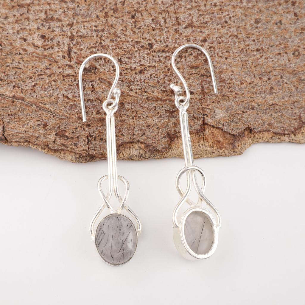 Black Rutile Earrings, Handmade Gemstone Earrings, 925 Solid Sterling Silver Earrings Antique Jewelry, For Anniversary Gift