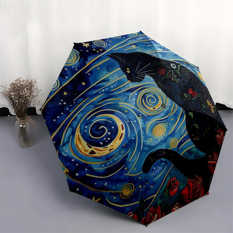 Starry Night Cat Round Rug - Celestial Floral CarpetUmbrella, Portable 3-Fold Compact Umbrella,Christmas Gift ES543
