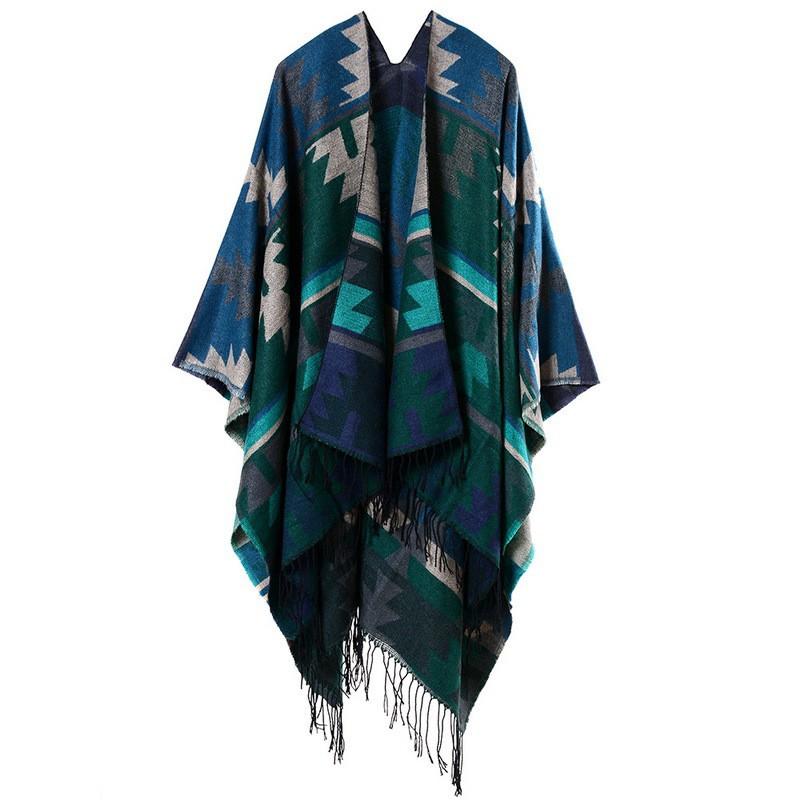 Womens Faux Cashmere Knit Cape Shawl With Slit Opening Ethnic Geometric Winter Wrap Scarf