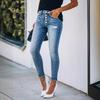 Jeans Skinny Elásticos Rasgados de Tiro Alto para Mujer Pantalones de Denim Destruidos de Cintura Alta Borde Crudo Rasgado Botón Pantalones de Mezclilla para Pantorrilla Pantalones de Lápiz de Moda