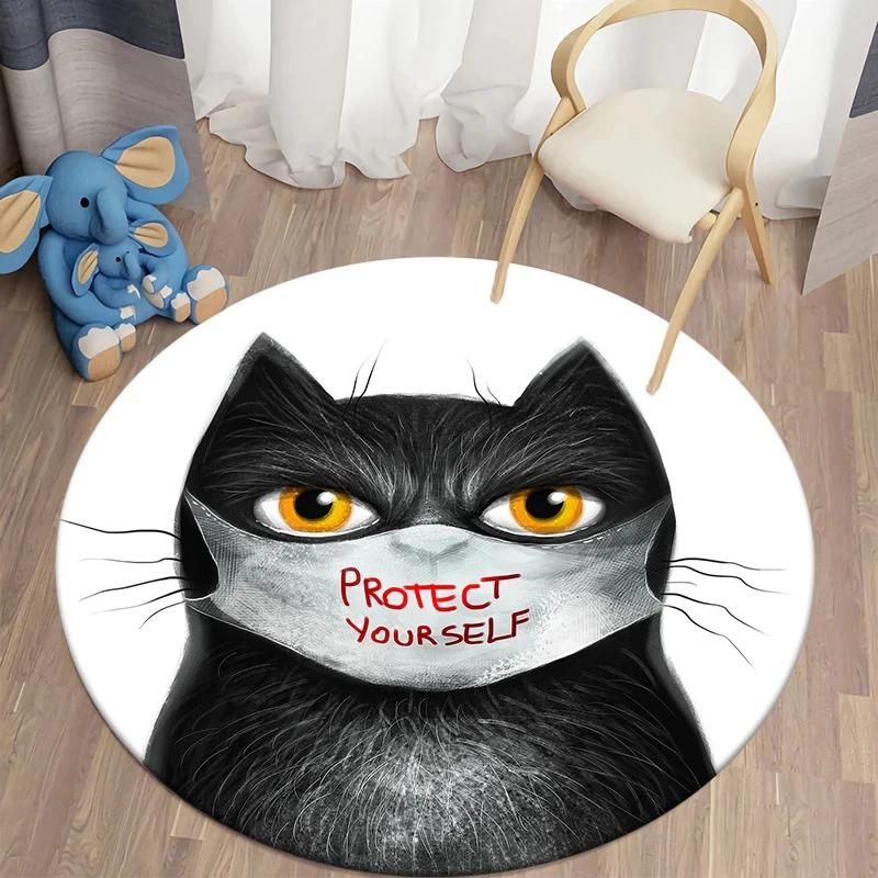 Black Cat Round Carpet Kawaii Cartoon Animal Print Rug for Living Room Bedroom Chair Decor Comfort Yoga Mat Non Slip Floor Mats