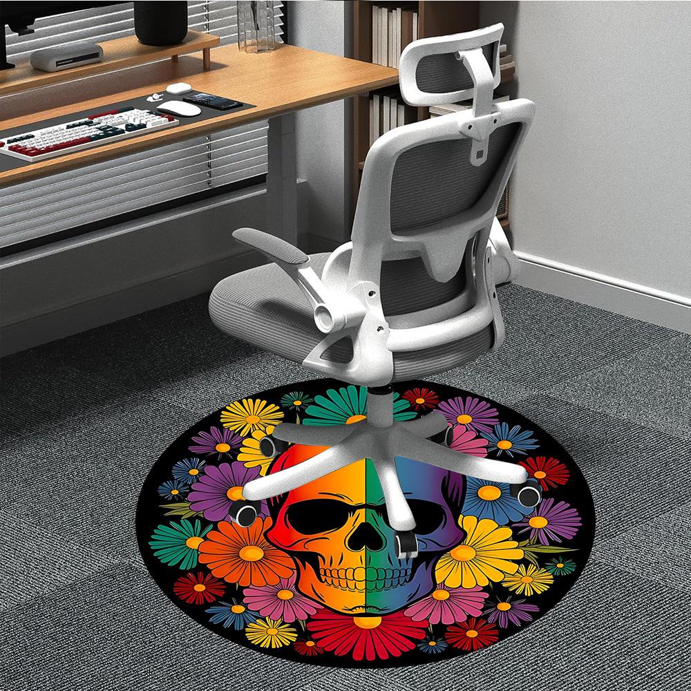 1pc Skull Flowers Chair Carpet for Office, Round Non Slip Durable Large Size Office Carpet, Suitable for Office