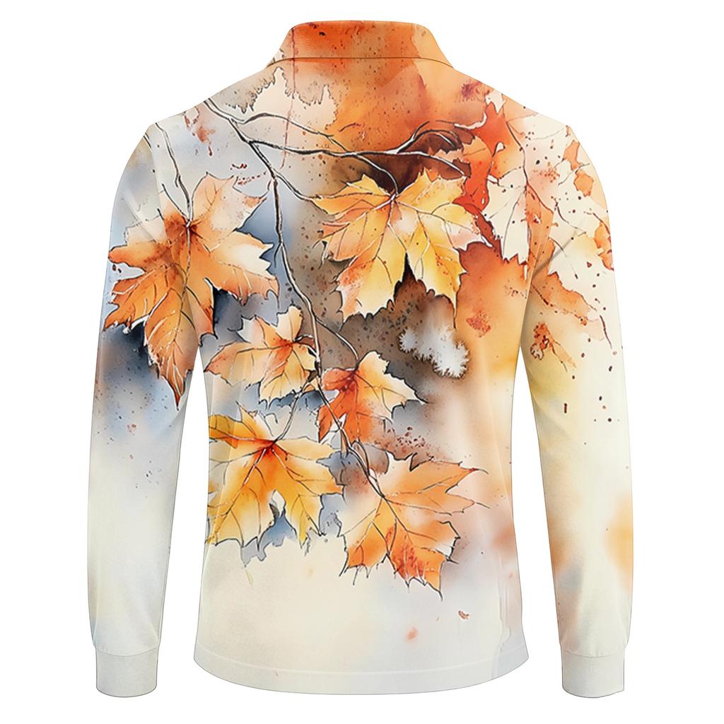 Camicia da Uomo a Maniche Lunghe in Rete con Collo a Revers e Stampa Foglia d'Acero Leggera Traspirante per Autunno e Inverno