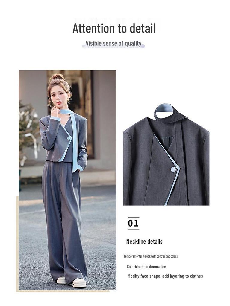 Stylish Spring 2025 Women's Patchwork V-neck Jacket & Wide-leg Pants Two-piece Set