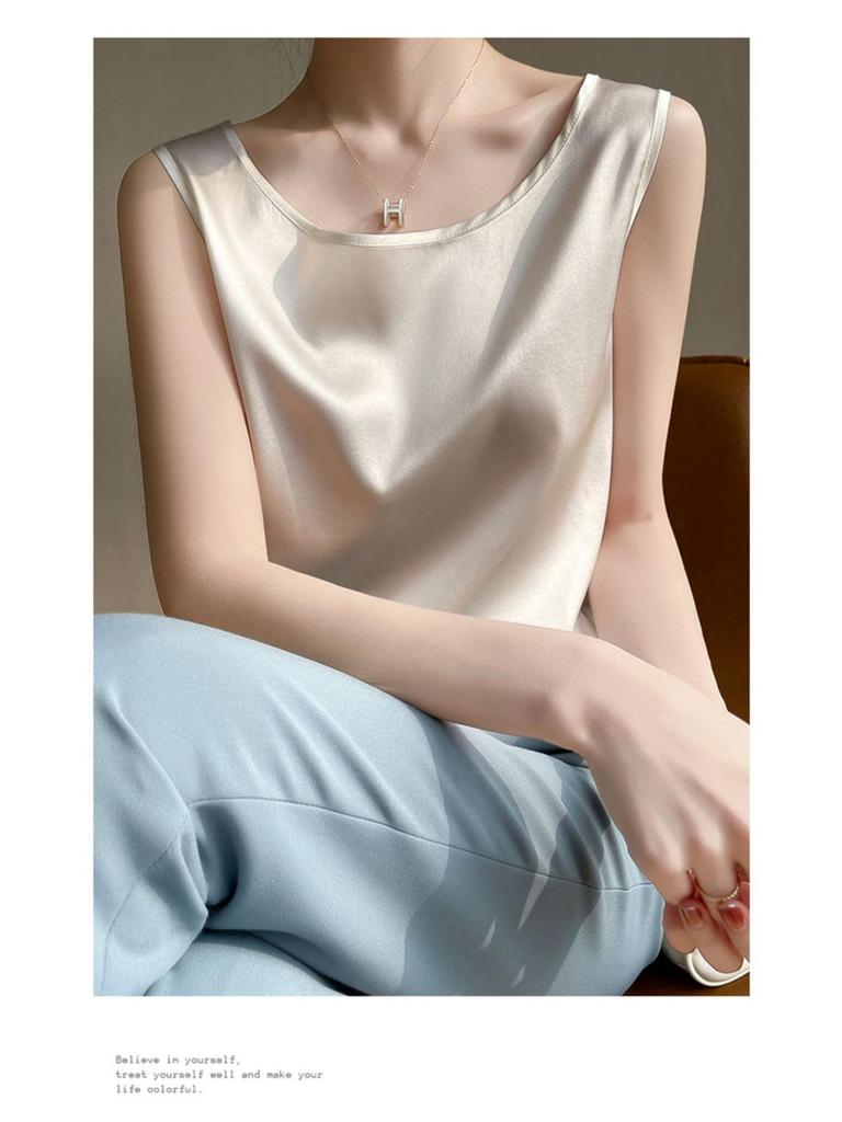 Women's Sleeveless Summer Silk Camisole - Loose Fit, Round Neck, Mulberry Silk Base Layer Top