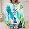 Women Plus Size Round Neck Long Sleeve Green Beige Abstract Printed Sweatshirt Ribbed Cuffs Pullover