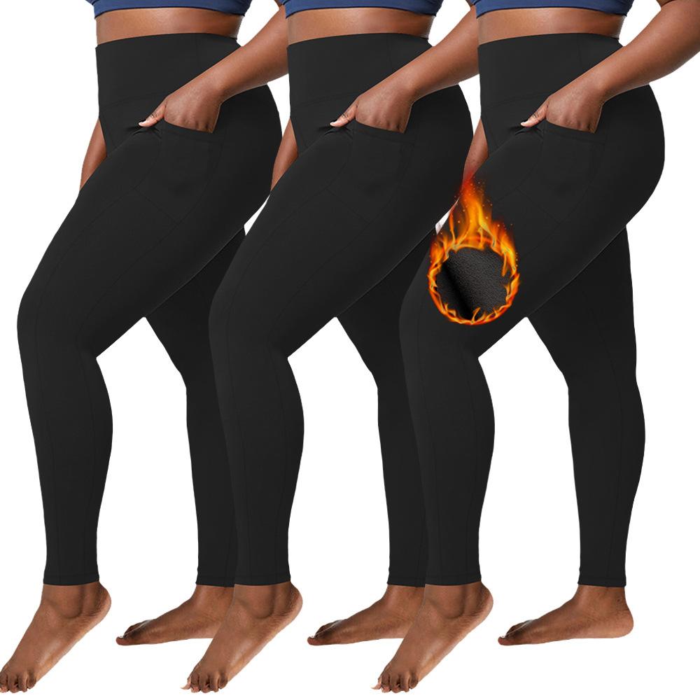 Pocketed Plus-size Fleece-lined Leggings for Women Outerwear Autumn/winter Style High-waisted Black Winter Fleece-lined Yoga Pants
