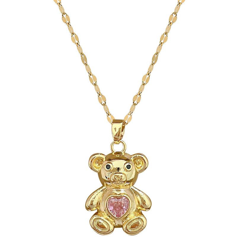 Rosa Dreidimensionaler Bär Leichter Luxus Temperament Wunderschöne Voll-Diamant-Halskette Damen Vielseitige Schlüsselbein-Kette Titanstahl-Kette