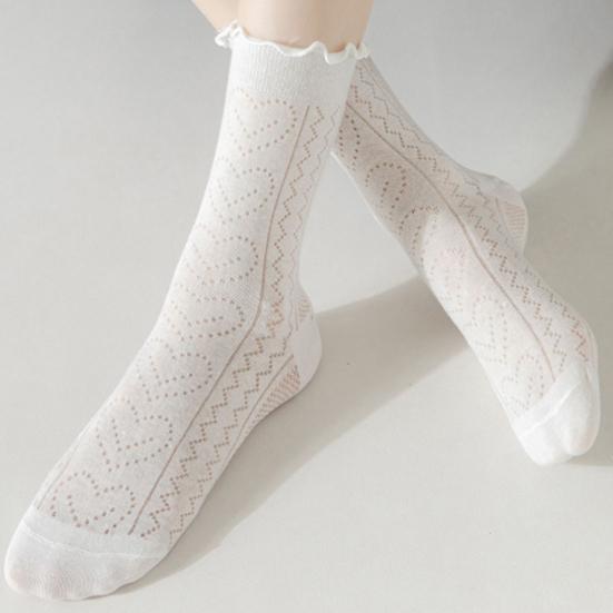 1 Pair Women Summer Socks Mid-tube Thin Shirring Lace Anti-slip Cooling Solid Color High Elasticity Sweat Absorption Adult Home Yoga Socks Piled Socks