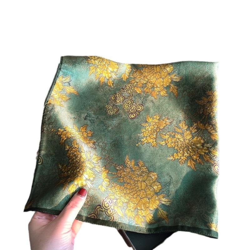 Spring New Plain Crepe Satin Mulberry Silk Silk Scarf Women's High Sense Golden Lamp Peony Printing Silk Square Scarf Silk Gift