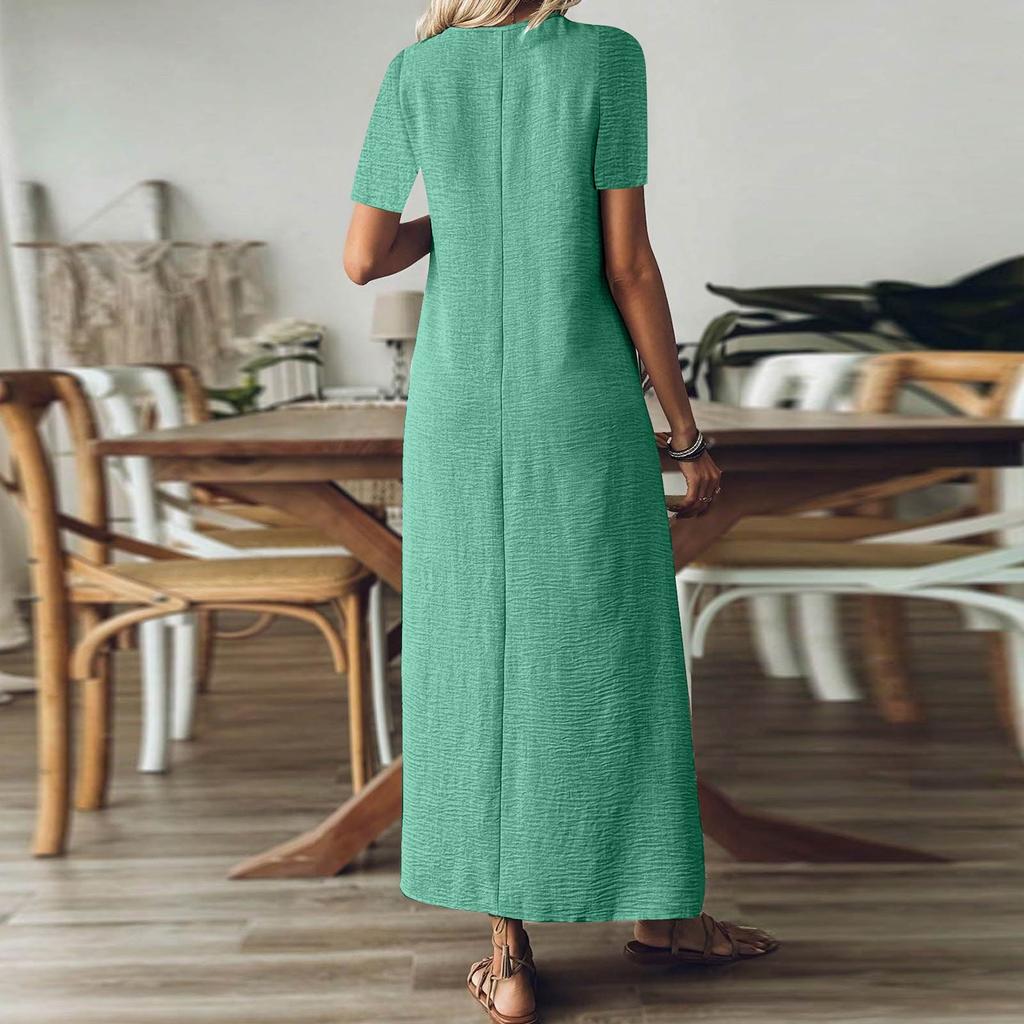 Women's Fashion V-Neck Short Sleeve Solid Color Zipper Casual Vacation Long Dress Cotton Linen Dresses