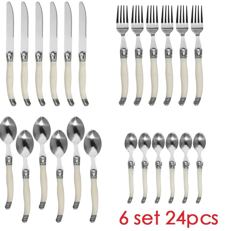 

24Pcs Cutlery Set Steak Knife Fork Soup Tea Spoon Ivory White Plastic Handle Food Grade Stainless Steel Dinnerware