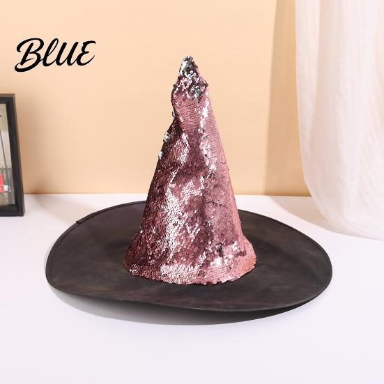 Wide Brim Witch Hat Reversible Sequin Hat Sparkly Glitter Large Wizard Halloween Costume Party for Cosplay Masquerade