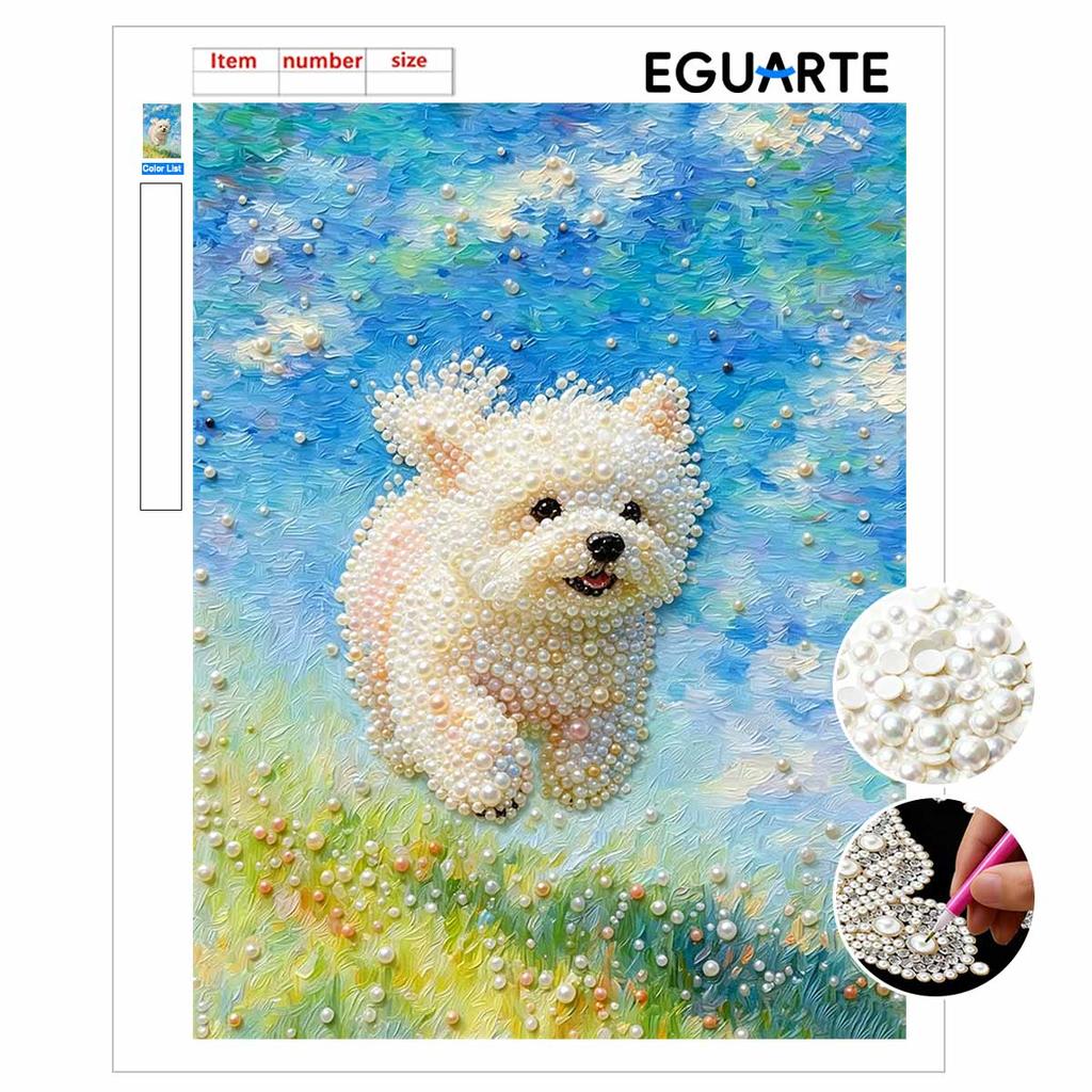 DIY Framed Pearl Painting Kit with Cute White Puppy Pattern 5D Sparkling Bead Art Canvas Ready to Display Home Decor Wall Art Gift Idea
