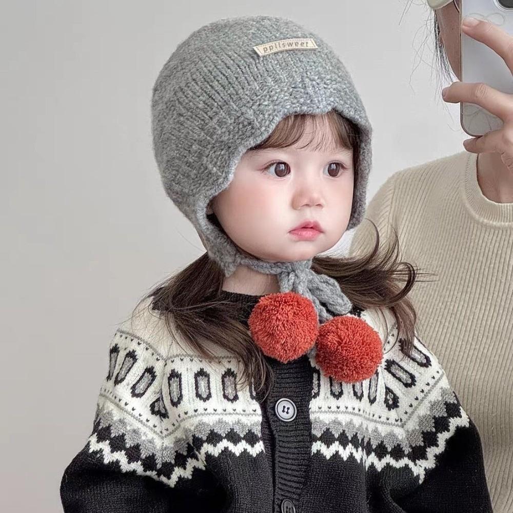 Pompom Baby Knit Hat Ear Protection Lacing Bonnet Soft Earflap Hats For Kids