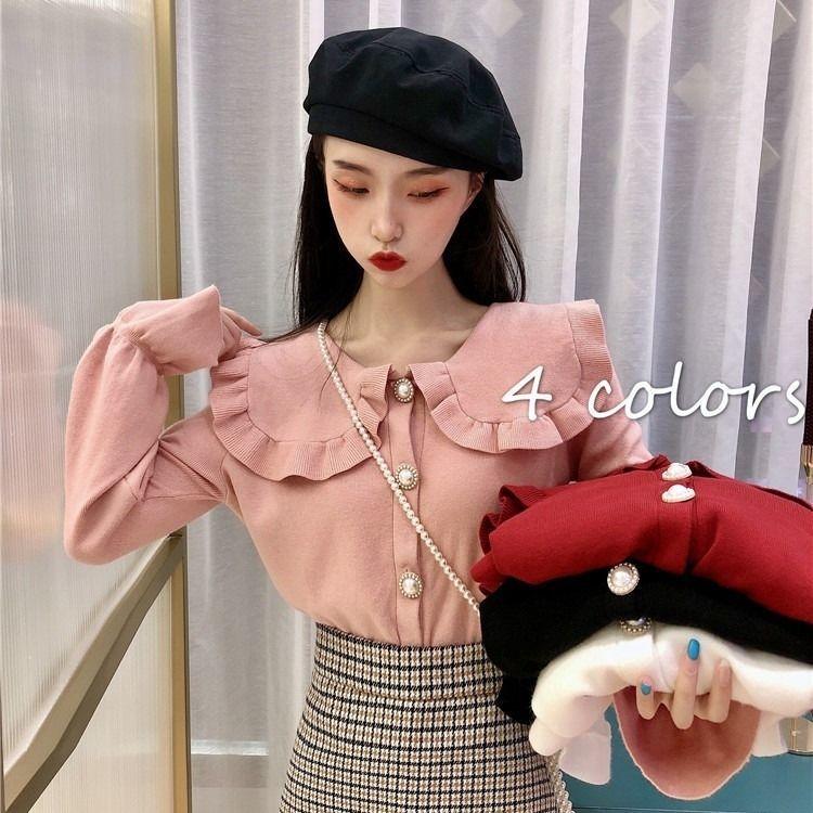 Big Collar Sweater Small Person with Flared Sleeves Collar Knit Base Cardigan Doll Collar Top Sweet