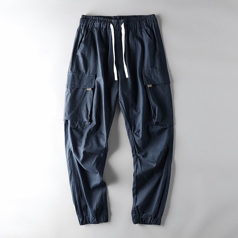 Foreign Trade Cut-off Cotton and Linen Ankle-Tied Men s Tail Pants for Export Navy Blue M