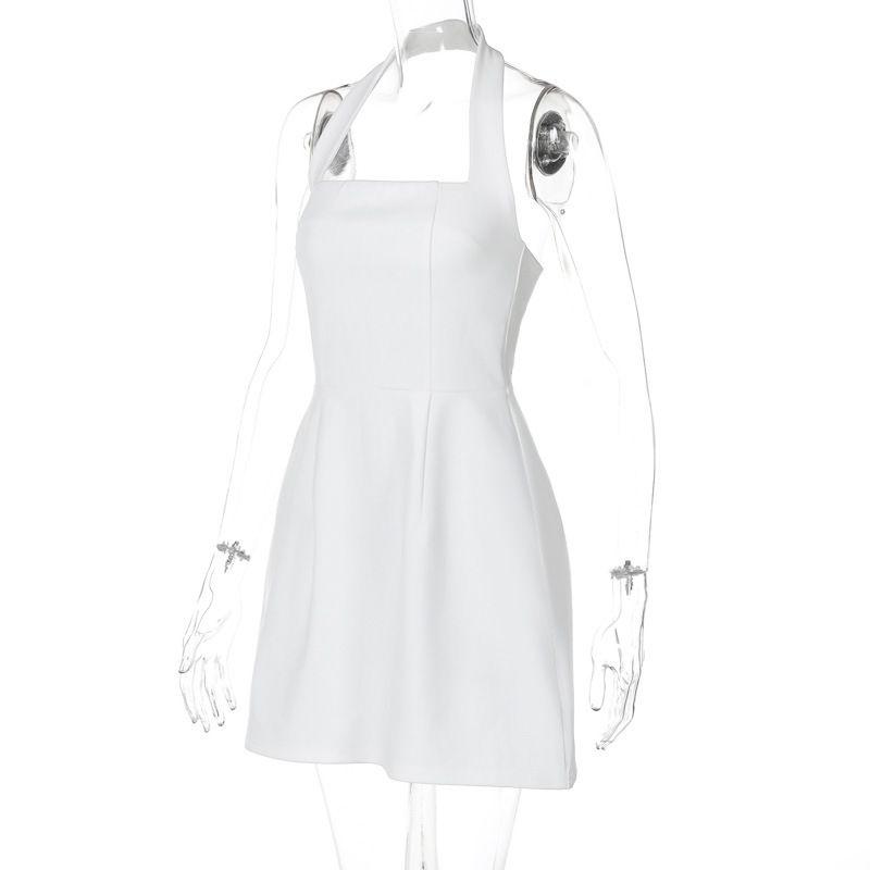 

Outfitgirl Small Temperament Waist-Controlled Harness A- line Skirt Black Hepburn Style Backless Halter Dress White L