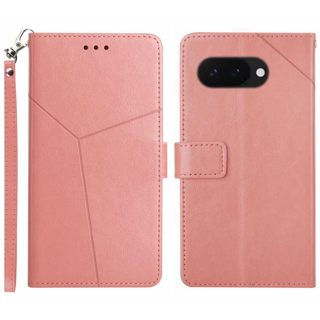 For Google Pixel 9a Case with Wrist Strap Y Shaped Lines Imprint Leather Phone Cover