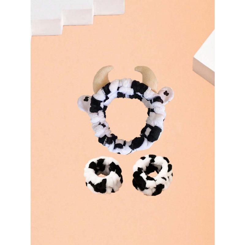 1pc Cow Pattern Bath Headband & 2pcs Bath Wrist Band, Polyester Cow Decor Facial Makeup Headband & Wrist Wash Band