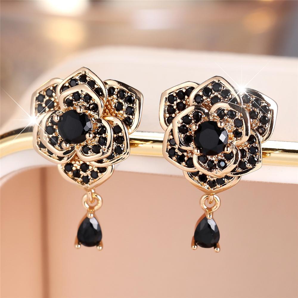Cute Female Crystal White Black Zircon Flower Stud Earrings Vintage Silver Color Party Wedding Jewelry For Women