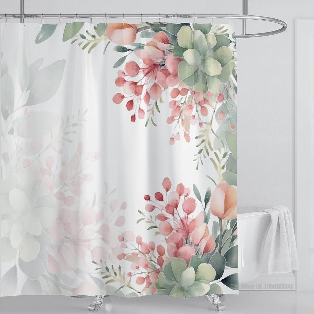 Watercolor Leaves On The Top Plant With Floral Bathroom Greenery Leaf Decoration Watercolor Botanical Shower Curtain With Hooks