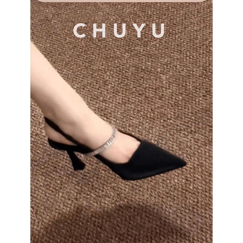 Sheepskin back empty black high heels femininity bag head sandals summer not tired feet outside wear design sense single shoes