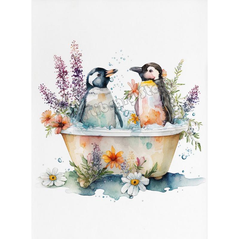 Watercolor Bathroom Tropical Animals Deer Hippo Penguin In Tub Poster Canvas Painting Wall Art Pictures Home Toilet Decor
