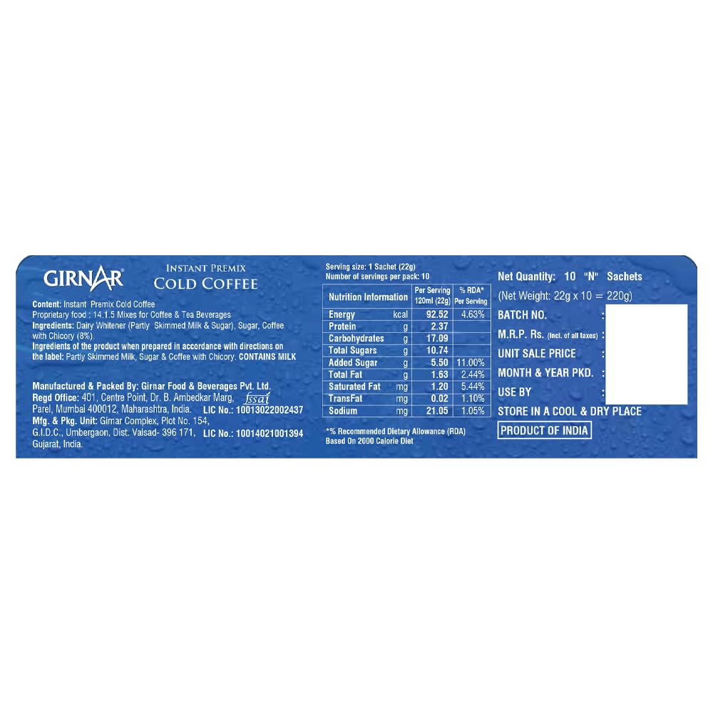 Girnar Instant Premix Cold Coffee Powder 220g Pack of 1 | Refreshing Chilled Coffee Drink 10sachets