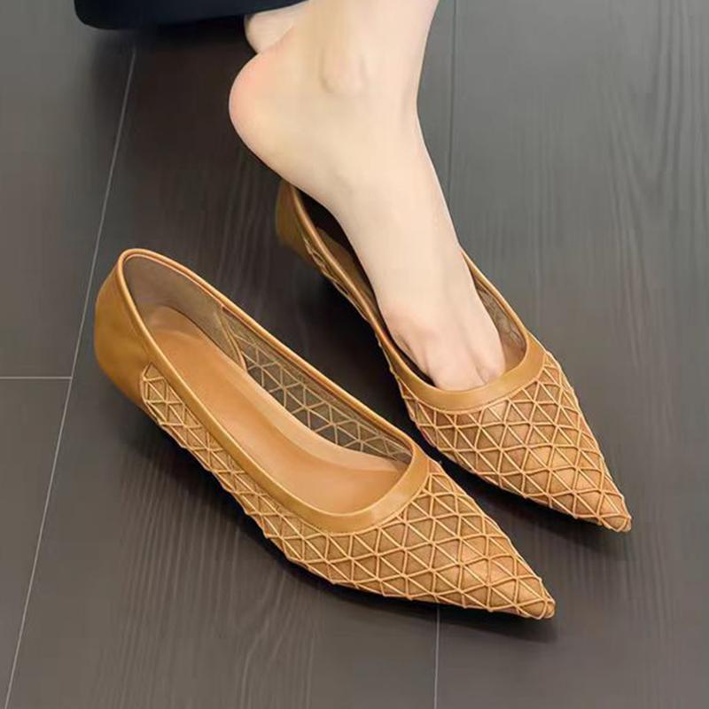 Mesh Women Heeled Shoes Pointed Toe Low Heels Shoes Dress Shallow Woman Sandals 2025 Summer New Luxury Chaussure Femme