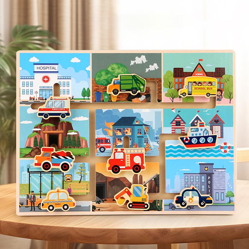 

Wooden Toys Traffic Shape Slide Puzzles Montessori Maze Boards Matching Game Early Educational Learning Toys Gifts For Children