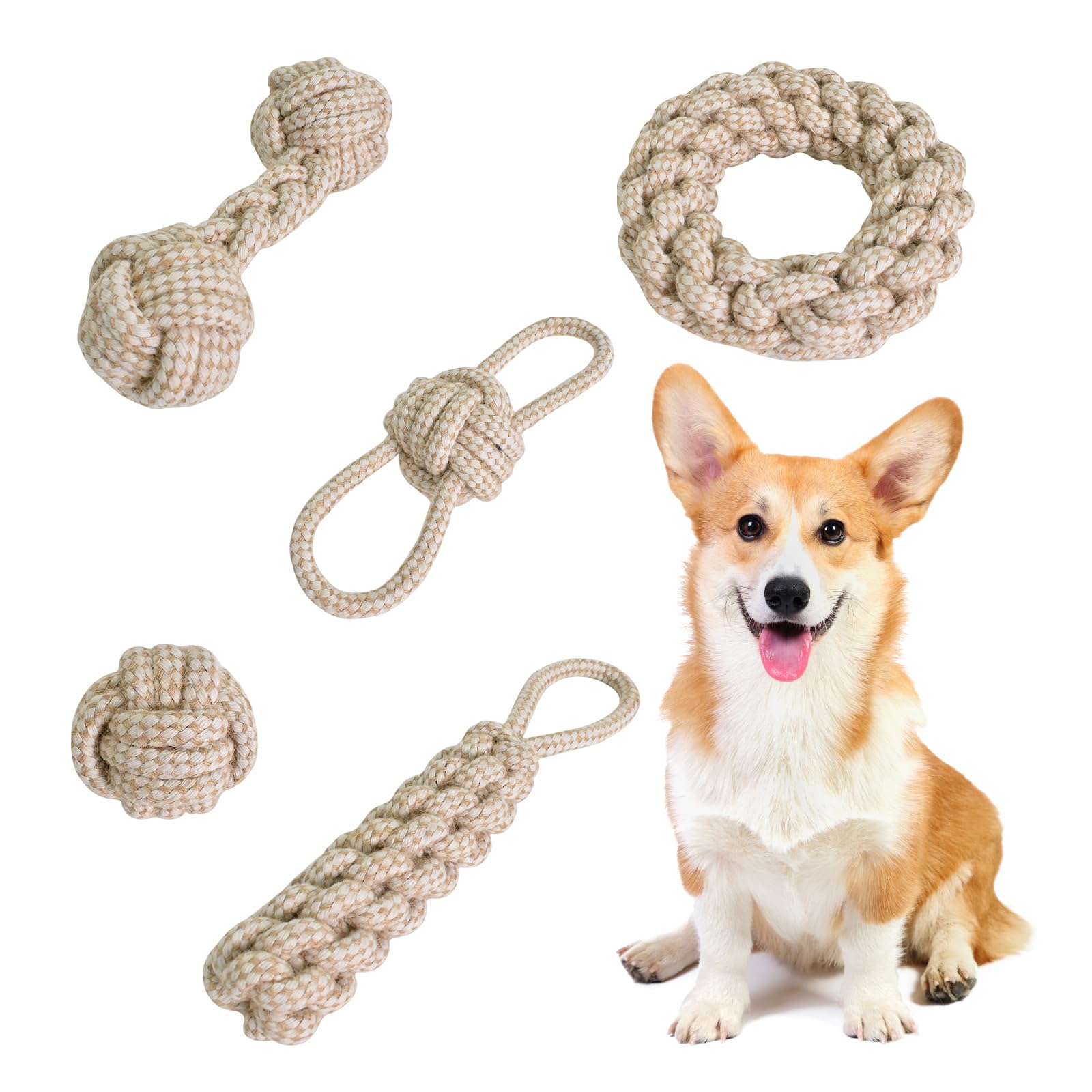 

Собачья веревка для жевания, хлопковая и льняная веревка, для прорезывания зубов, для упражнений, подходит для и крупных собак, игрушки, игрушки, набор из 5 штук, игрушки, игрушка, игрушка, щенки, маленькие, средние, бежевый