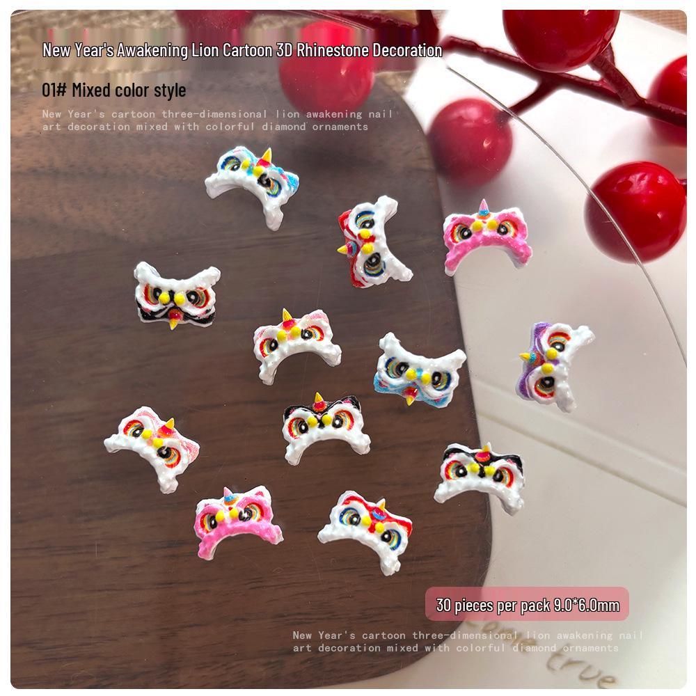 National Style Dancing Lion Nail Art Resin Decorations with Rhinestones